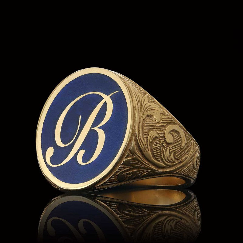 Oval Blue Enamel Monogram B Letter Ring - view 3