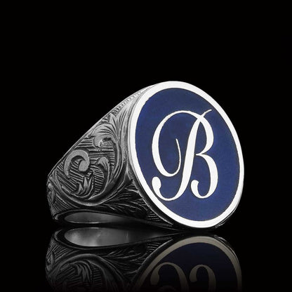 Oval Blue Enamel Monogram B Letter Ring by SWISS PLUS - Letter Collection - view 4