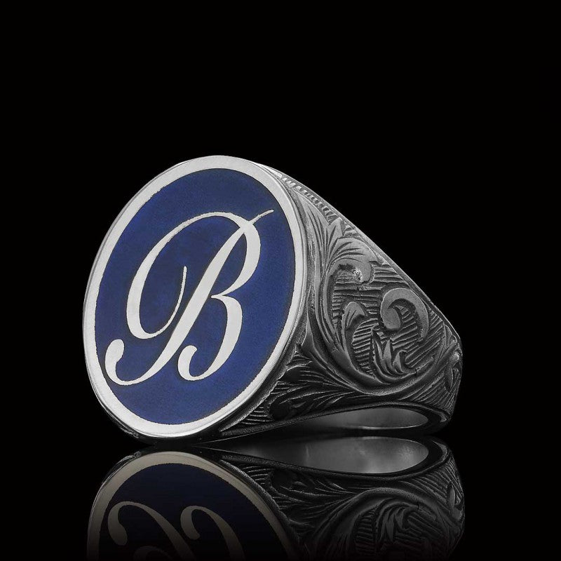 Oval Blue Enamel Monogram B Letter Ring - view 5