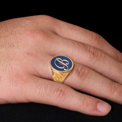 Oval Blue Enamel Monogram B Letter Ring by SWISS PLUS - Letter Collection - view 6