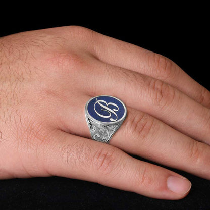 Oval Blue Enamel Monogram B Letter Ring by SWISS PLUS - Letter Collection - view 7