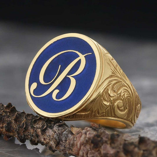 Oval Blue Enamel Monogram B Letter Ring