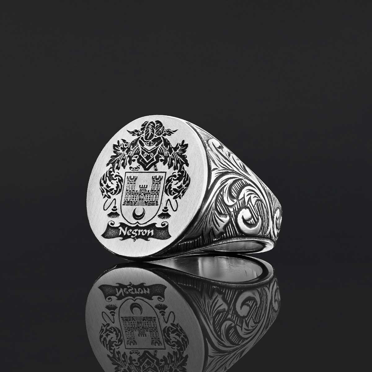 Oval Celtic Design Engraved Family Ring, Custom Design Handmade Family Crest Ring by SWISS PLUS - Family Collection - view 2