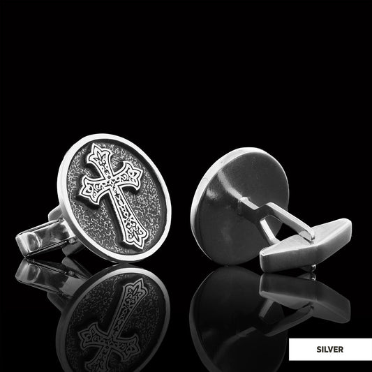Oval Christian Cross Cufflinks, Special Design Cross Cufflinks, Cross Silver Oval Cufflinks Silver