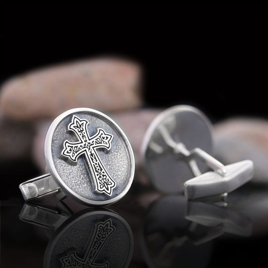Oval Christian Cross Cufflinks, Special Design Cross Cufflinks, Cross Silver Oval Cufflinks - view 1