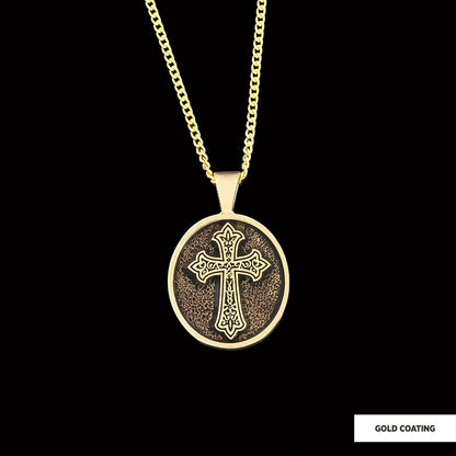 Oval Christian Cross Pendant, Special Design Cross Necklace, Cross Silver Oval Necklace Gold Coating by SWISS PLUS - Christia