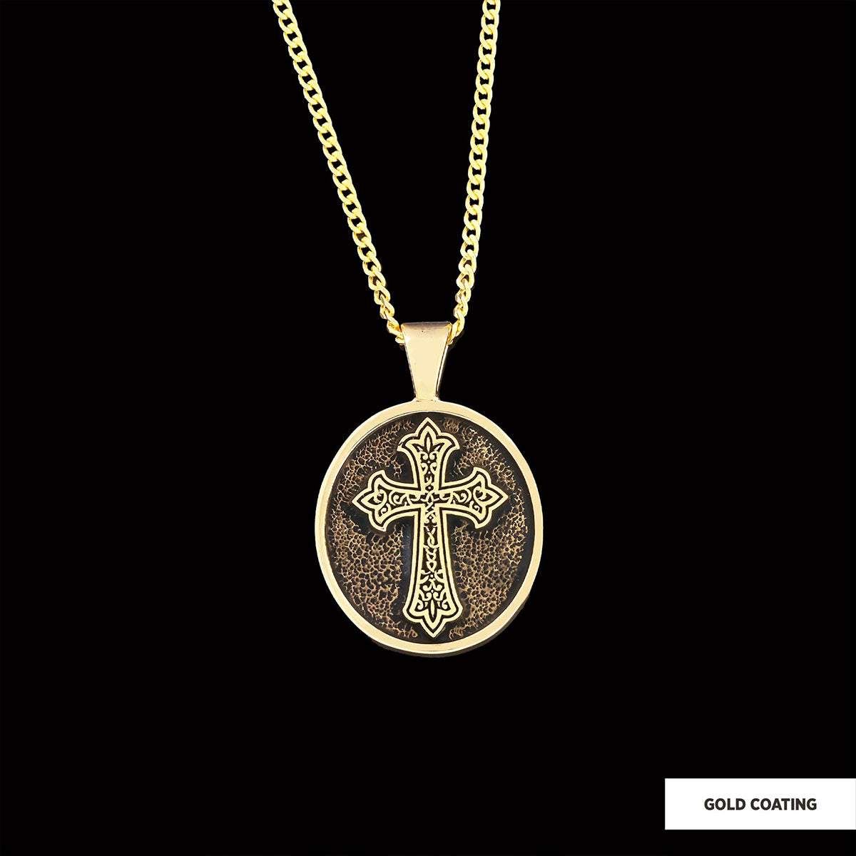Oval Christian Cross Pendant, Special Design Cross Necklace, Cross Silver Oval Necklace Gold Coating