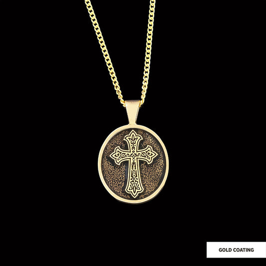 Oval Christian Cross Pendant, Special Design Cross Necklace, Cross Silver Oval Necklace Gold Coating