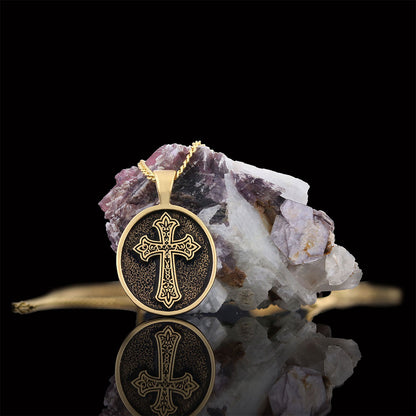 Oval Christian Cross Pendant, Special Design Cross Necklace, Cross Silver Oval Necklace Gold Coating by SWISS PLUS - Christia