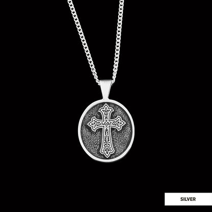 Oval Christian Cross Pendant, Special Design Cross Necklace, Cross Silver Oval Necklace by SWISS PLUS - Christian Collection 
