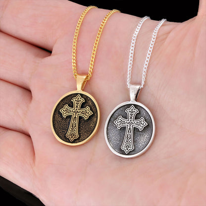 Oval Christian Cross Pendant, Special Design Cross Necklace, Cross Silver Oval Necklace by SWISS PLUS - Christian Collection 