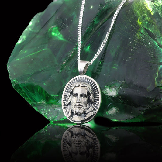 Oval Christian Pendant, 925 Sterling Silver Jesus Necklace, Gold Plated Jesus Jewelry, Religious Accessory - view 1