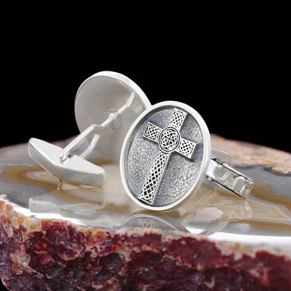 Oval Gold Plated 925 Sterling Silver Crusader Cufflinks, Silver Christian Cross Cufflinks, Silver Christian Cross Cufflinks b