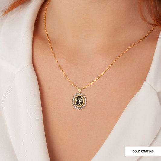 Oval Tree of Life Necklace, Family Tree Necklace, Christian Tree of Life Necklace, Silver Christian Pendants Gold Coating