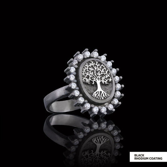 Oval Tree of Life Ring, Family Tree Ring, Christian Tree of Life Ring, Silver Christian Ring Black Rhodium Coating - view 1