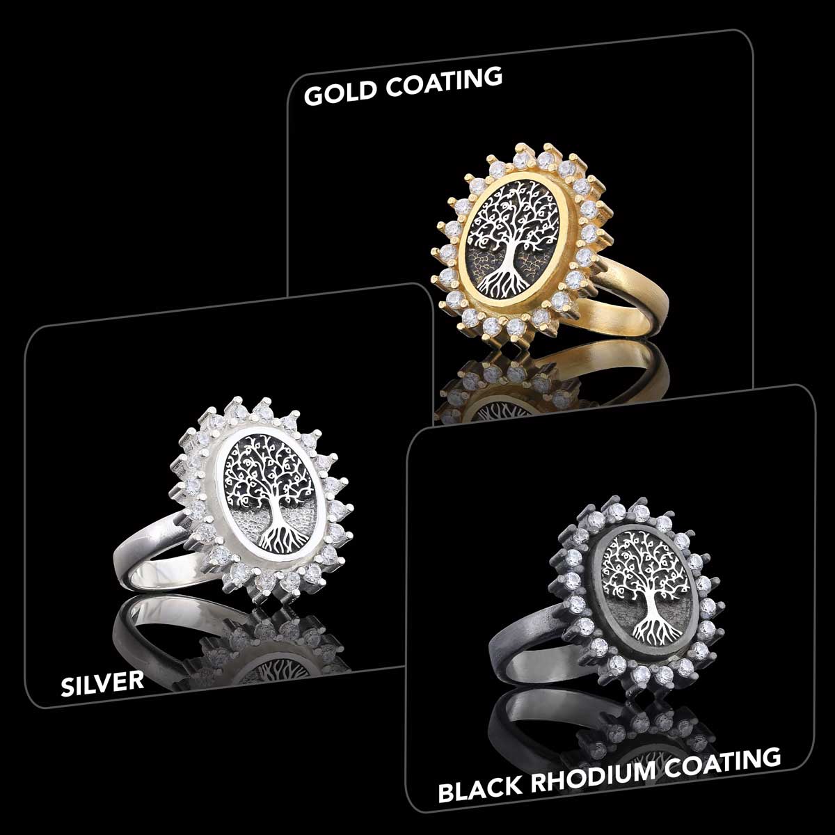 Oval Tree of Life Ring, Family Tree Ring, Christian Tree of Life Ring, Silver Christian Ring Black Rhodium Coating