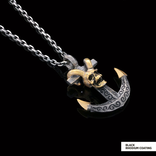 Personalized Skull Shaped Engraved Anchor Necklace Black Rhodium Coating-Chain