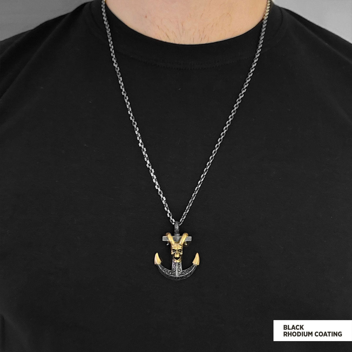 Personalized Skull Shaped Engraved Anchor Necklace Black Rhodium Coating-Chain by SWISS PLUS - Jewish Collection - view 2