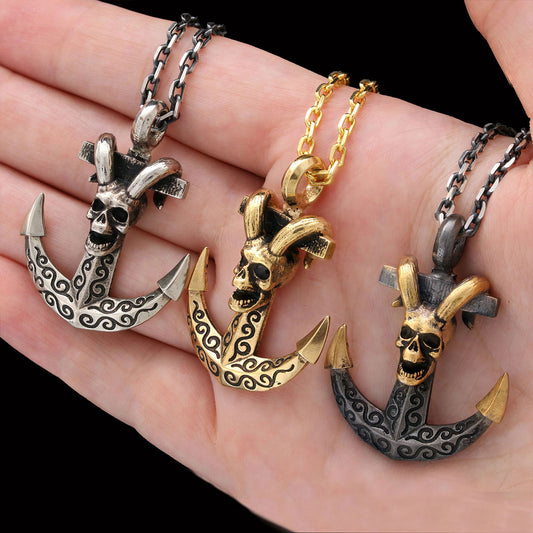 Personalized Skull Shaped Engraved Anchor Necklace Black Rhodium Coating-Chain