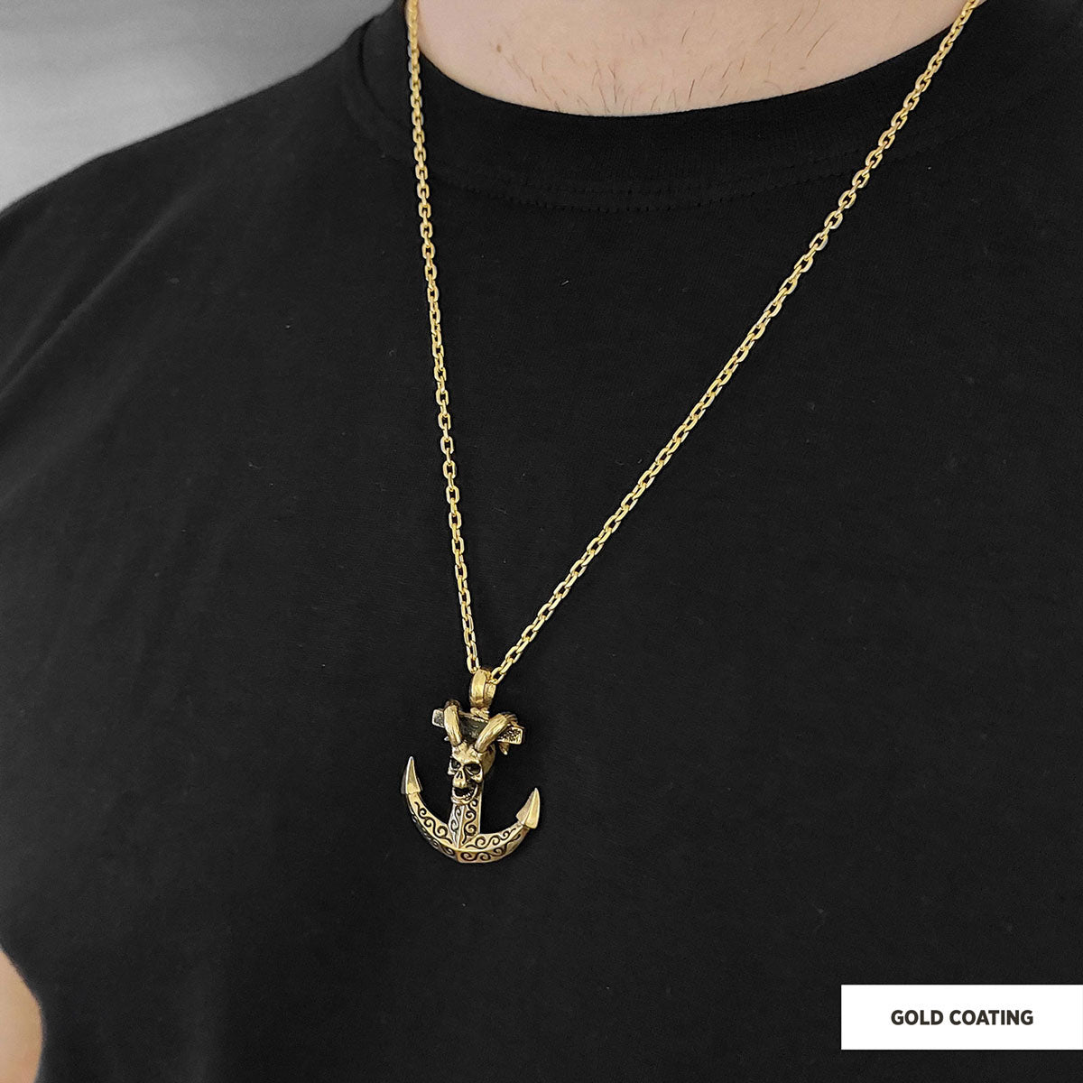 Personalized Skull Shaped Engraved Anchor Necklace Gold Coating-Chain by SWISS PLUS - Jewish Collection - view 2
