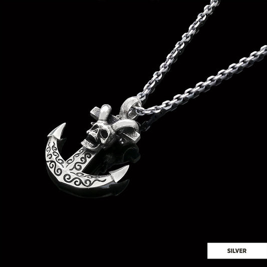 Personalized Skull Shaped Engraved Anchor Necklace Silver-Chain