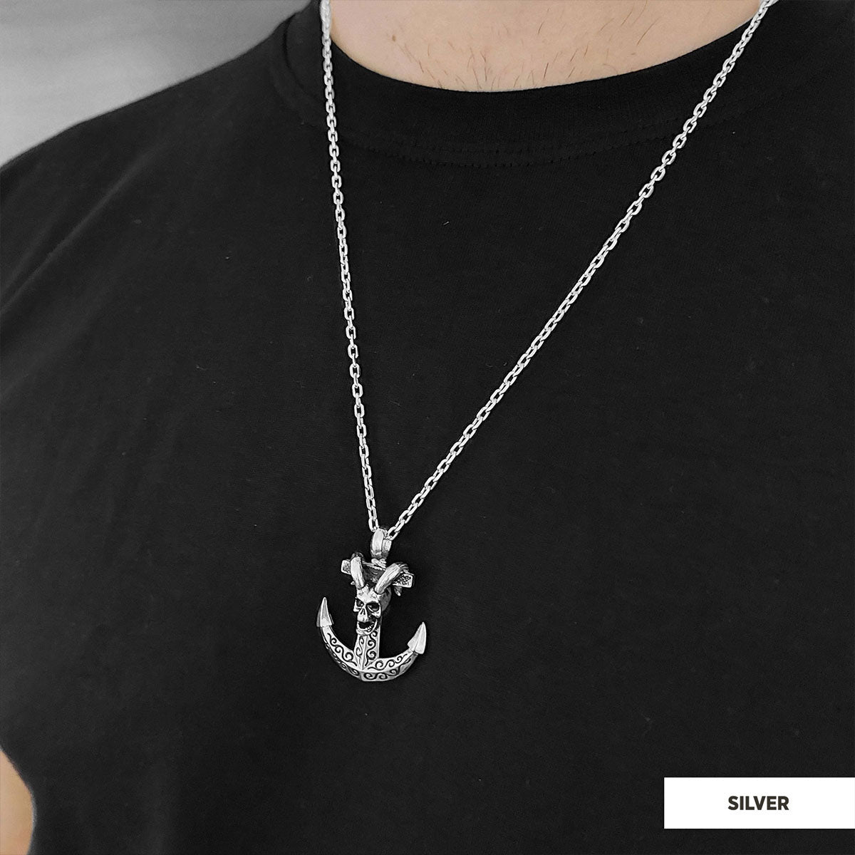 Personalized Skull Shaped Engraved Anchor Necklace Silver-Chain by SWISS PLUS - Jewish Collection - view 2