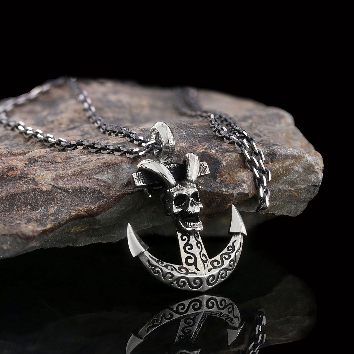 Personalized Skull Shaped Engraved Anchor Necklace Silver-Chain
