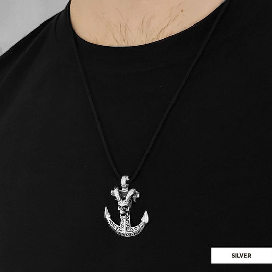 Personalized Skull Shaped Engraved Anchor Necklace Silver-Cord