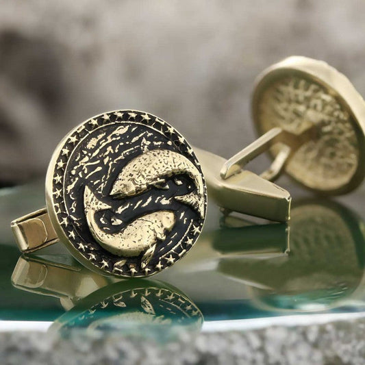 Handmade Silver Round Pisces Cufflink