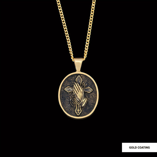 Praying Hands Cross, Religious Necklace, Christian Necklace, Jesus Necklace, Silver Religious Pendant, Religious Gift Gold Coating