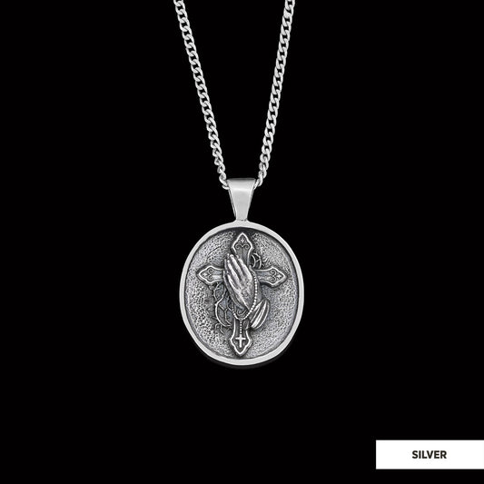 Praying Hands Cross, Religious Necklace, Christian Necklace, Jesus Necklace, Silver Religious Pendant, Religious Gift Silver - view 1
