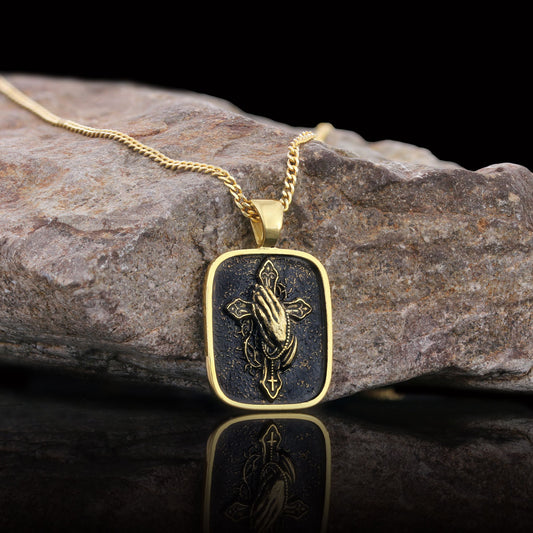 Praying Hands Cross, Religious Necklace, Christian Necklace, Jesus, Silver Necklace, Religious Jewelry - view 1