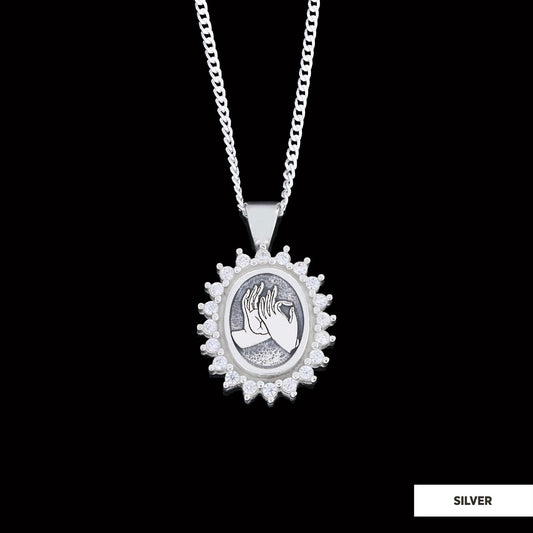 Buddha hands Necklace, Stoned Budhhist Necklace, Mudra Hand Pendant, Women's Religious Necklace, Religious Gift Silver