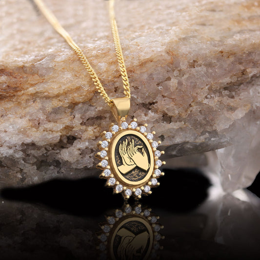 Buddha hands Necklace, Stoned Budhhist Necklace,  Mudra Hand Pendant, Women's Religious Necklace, Religious Gift