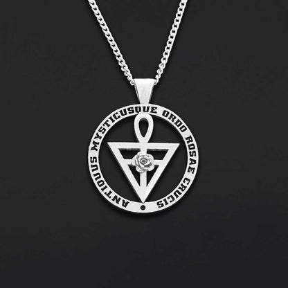Round Rosae Crucis Symbol Pendant, Antiquus Mysticusque Ordo Rosae Crucis Pendant, Mason Charm Necklace by SWISS PLUS - Mason