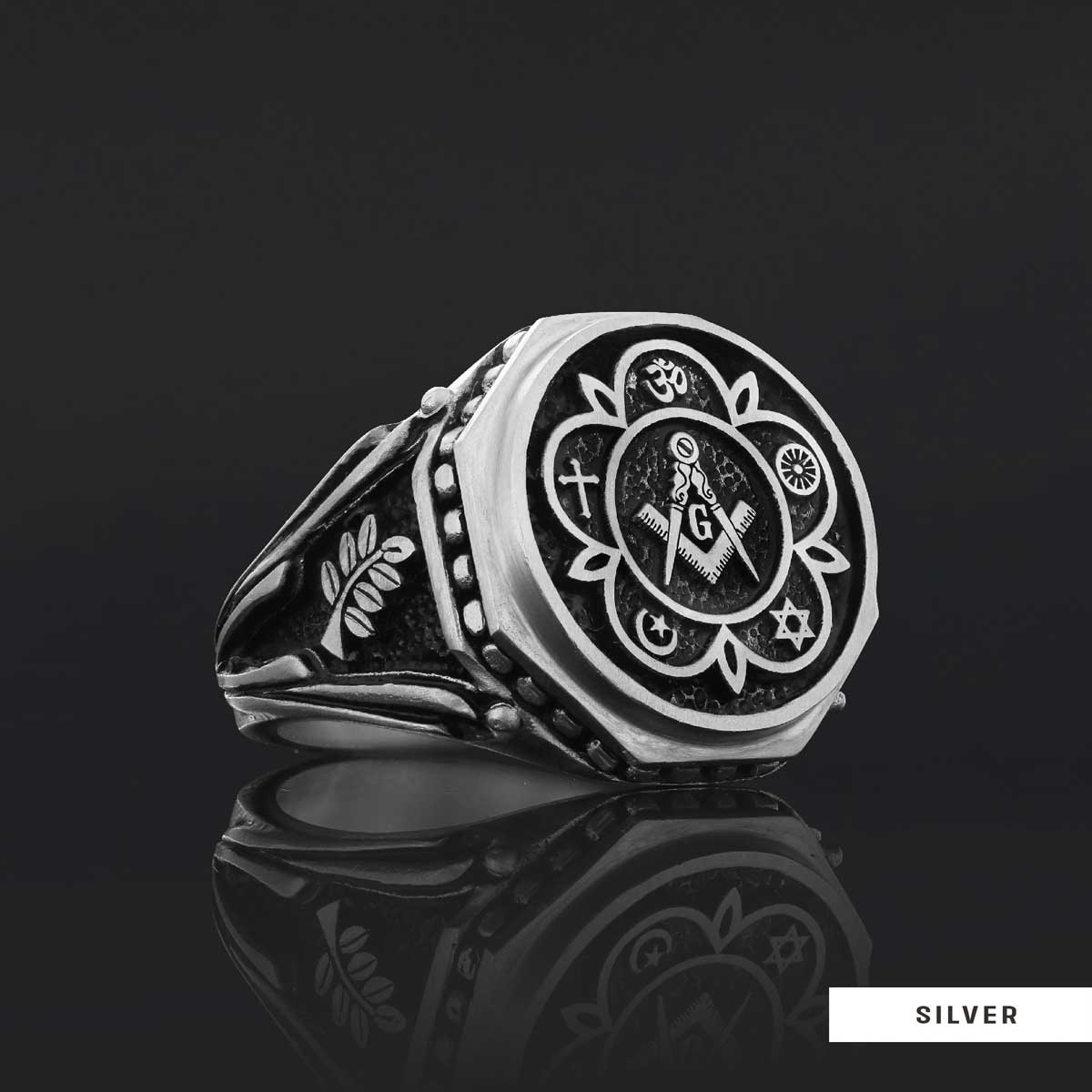 Round Special Design Handmade Silver Men Masonic Ring by SWISS PLUS - Mason Collection - view 2