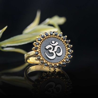 Round Stone Handmade Special Design Sterling Silver Om Buddha Women Ring by SWISS PLUS - Buddhist Jewelry Collection