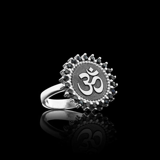 Round Stone Handmade Special Design Sterling Silver Om Buddha Women Ring
