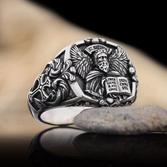 Saint Matthew Apostle Evangelist Christian Cross Signet Ring, Apostle Evangelist Symbol with Cross Engraving Ring, Christian Men's Ring - view 1