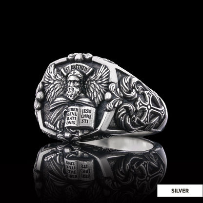Saint Matthew Apostle Evangelist Christian Cross Signet Ring, Apostle Evangelist Symbol with Cross Engraving Ring, Christian 