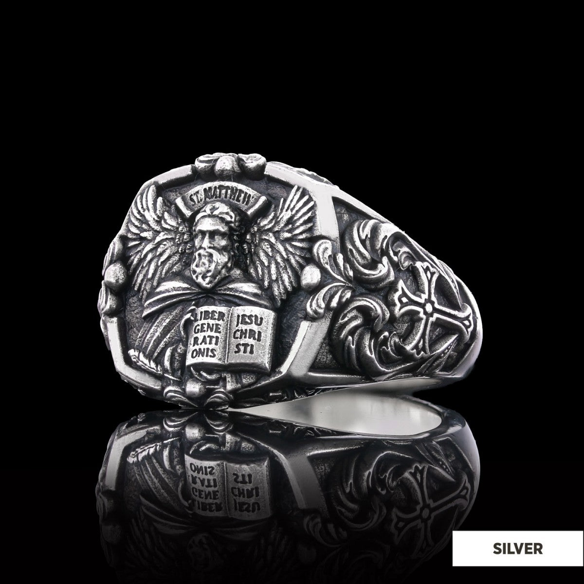 Saint Matthew Apostle Evangelist Christian Cross Signet Ring, Apostle Evangelist Symbol with Cross Engraving Ring, Christian Men's Ring