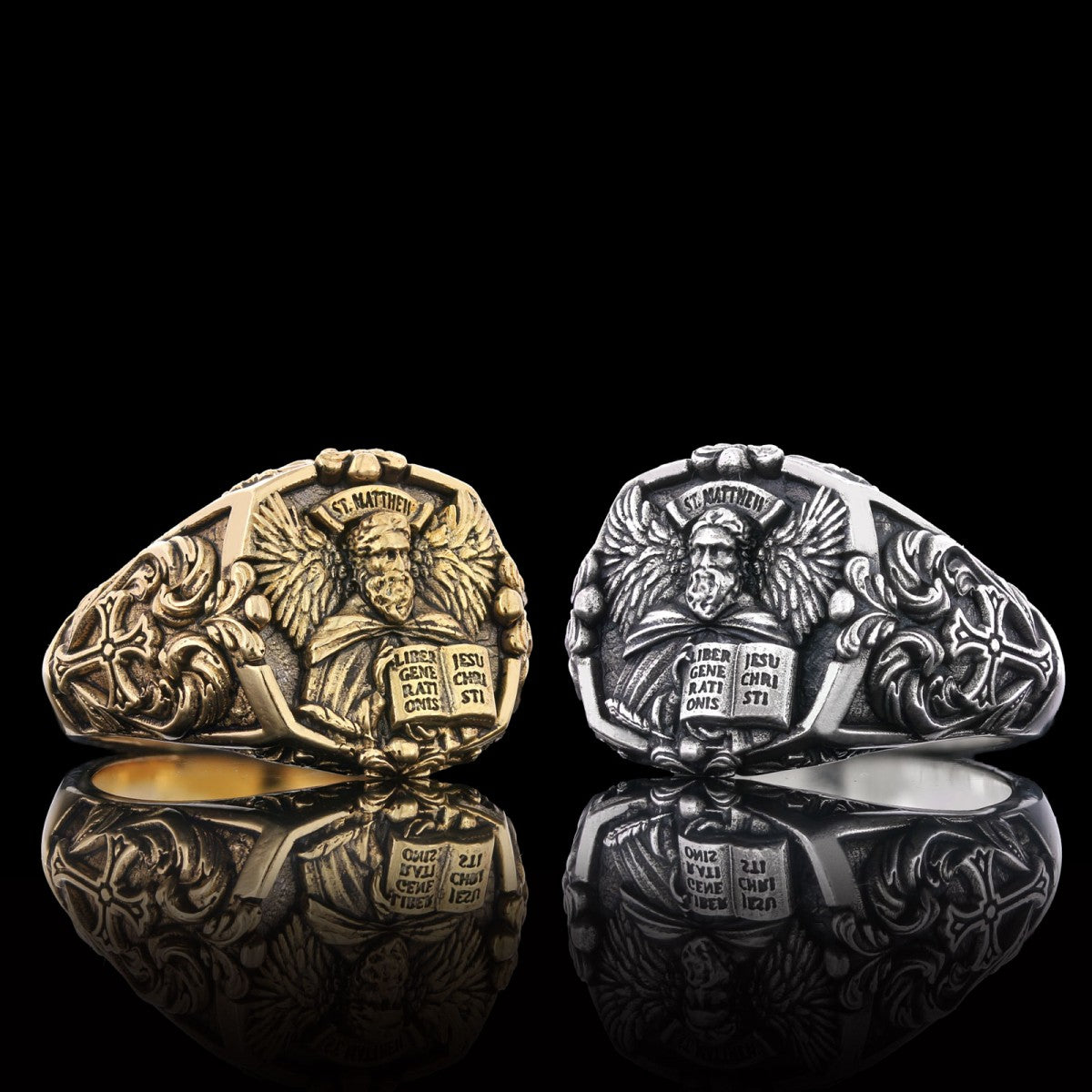 Saint Matthew Apostle Evangelist Christian Cross Signet Ring, Apostle Evangelist Symbol with Cross Engraving Ring, Christian 
