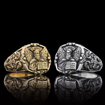 Saint Matthew Apostle Evangelist Christian Cross Signet Ring, Apostle Evangelist Symbol with Cross Engraving Ring, Christian 