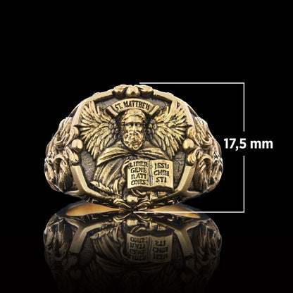 Saint Matthew Apostle Evangelist Christian Cross Signet Ring, Apostle Evangelist Symbol with Cross Engraving Ring, Christian 