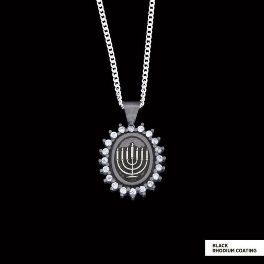 Shabbat Menorah Necklace, Elegant Jewish Faith Jewelry, Symbol of Shabbat and Jewish Heritage Necklace, Menorah Pendant Black Rhodium Coating