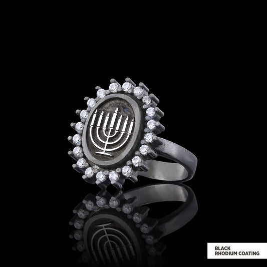Shabbat Menorah Ring, Elegant Jewish Faith Jewelry, Symbol of Shabbat and Jewish Heritage Ring, Menorah Ring Black Rhodium Coating - view 1