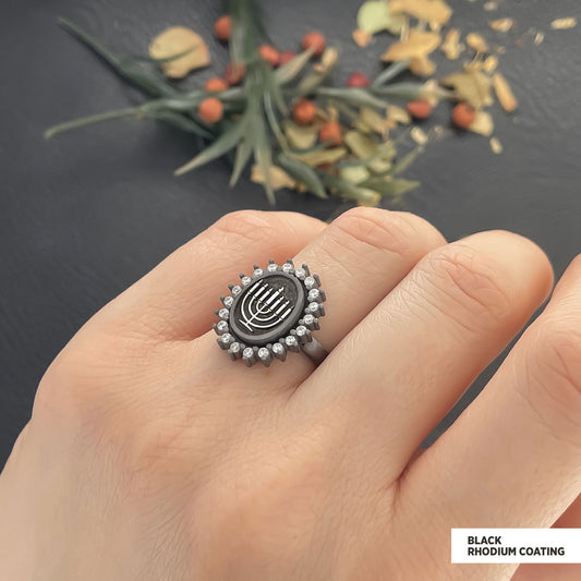 Shabbat Menorah Ring, Elegant Jewish Faith Jewelry, Symbol of Shabbat and Jewish Heritage Ring, Menorah Ring Black Rhodium Co