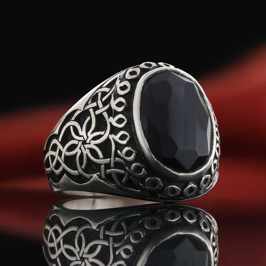 Side Patterned Natural Stone Sterling Silver Men Ring