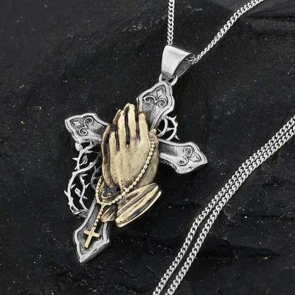 Silver Color Jesus Cross Praying Hands Necklace by SWISS PLUS - Christian Collection