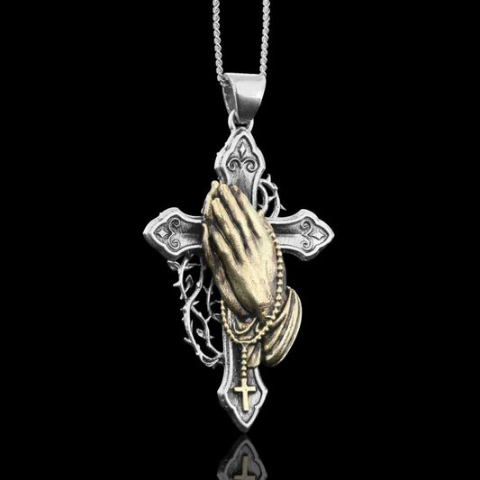 Silver Color Jesus Cross Praying Hands Necklace